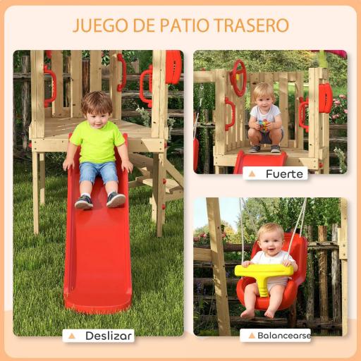 Parque Infantil Exterior de Madera con Columpio Tobogán Volante Bocina Teléfono para Patio Césped Rojo y Natural [4]
