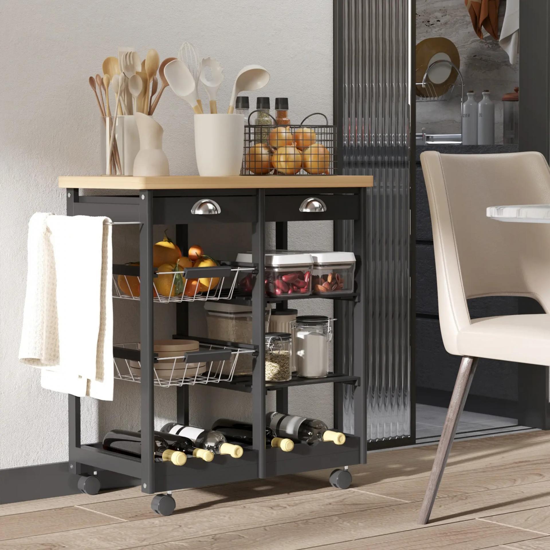 Carrito Auxiliar con Ruedas Carrito Verdulero Carro de Cocina con 2 Cajones 2 Cestas y 2 Estantes 74x37x76 cm Negro