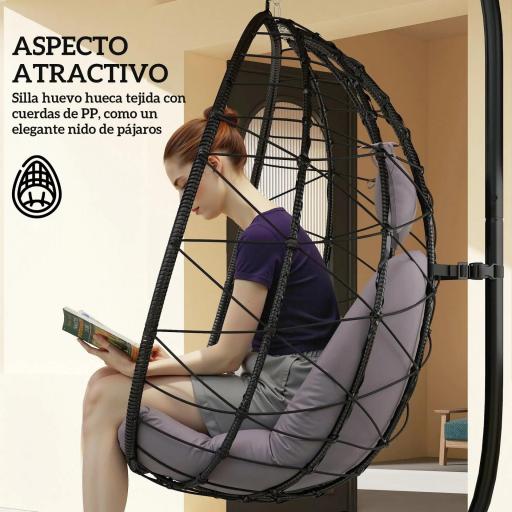 Silla Colgante Huevo con Soporte con Cesta Plegable Cojín y Reposacabezas para Interior y Exterior Carga 120 kg Gris [3]