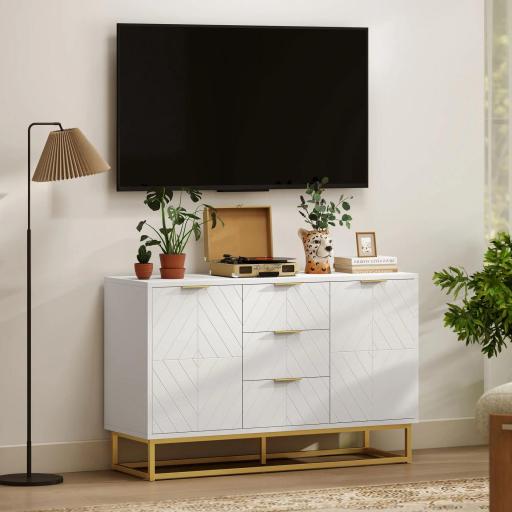 Aparador Moderno Aparador para Salón con 3 Cajones 2 Puertas y Estante Ajustable Mueble Auxiliar para Salón Cocina Antivuelco 120x40x76 cm Blanco [7]