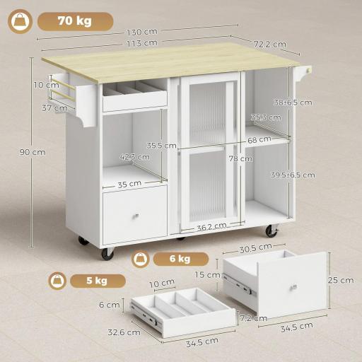 Isla de Cocina con Encimera Abatible Ruedas Puertas Correderas de Vidrio Botellero Cajón Especiero Estante Ajustable [1]