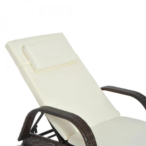 Tumbona de Ratán de Jardín Chaise Longue con Respaldo Ajustable en 5 Posiciones Cojines Acolchados Reposacabezas y 2 Ruedas Carga 160 kg 200x73x30-103 cm Crema y Marrón [6]