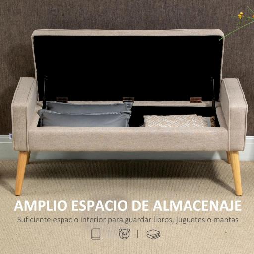 Baúl de Almacenaje Tapizado en Lino con Tapa Abatible y Patas de Madera para Dormitorio Salón 20x45x54 cm Beige [4]
