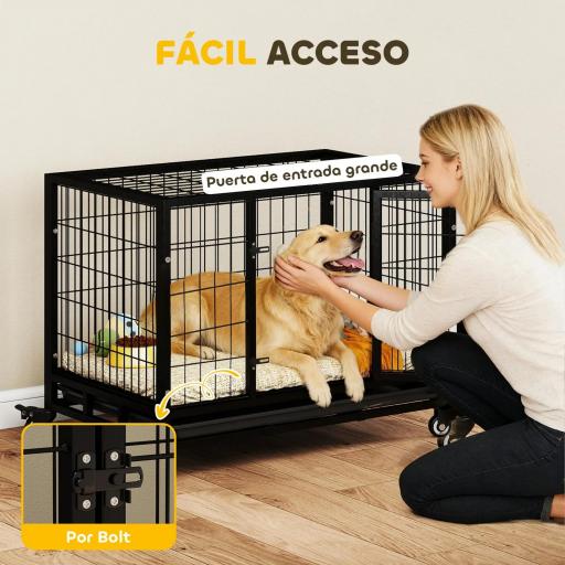 Jaula de Metal para Perros con Ruedas y Frenos Bandeja Extraíble y Puerta con Pestillo para Golden Retriver Labrador 92x62x75 cm Negro [4]