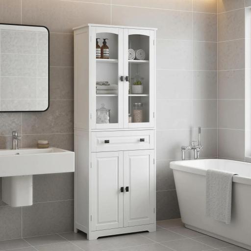 Alacena de Cocina con 2 Puertas de Vidrio 2 Estantes Ajustables y Cajón para Salón Comedor 60x30x160 cm Blanco [6]