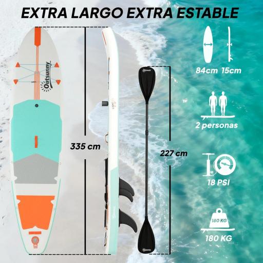 Tabla Paddle Surf Hinchable SUP Extra Largo de 335 cm con Asiento Remo Convertible Aletas Bomba y Mochila Carga 180 kg [4]