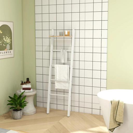 Toallero Escalera con Estante Superior y 4 Barras Toallero de Baño para Apoyar en Pared 43x20x151 cm Blanco y Roble [5]
