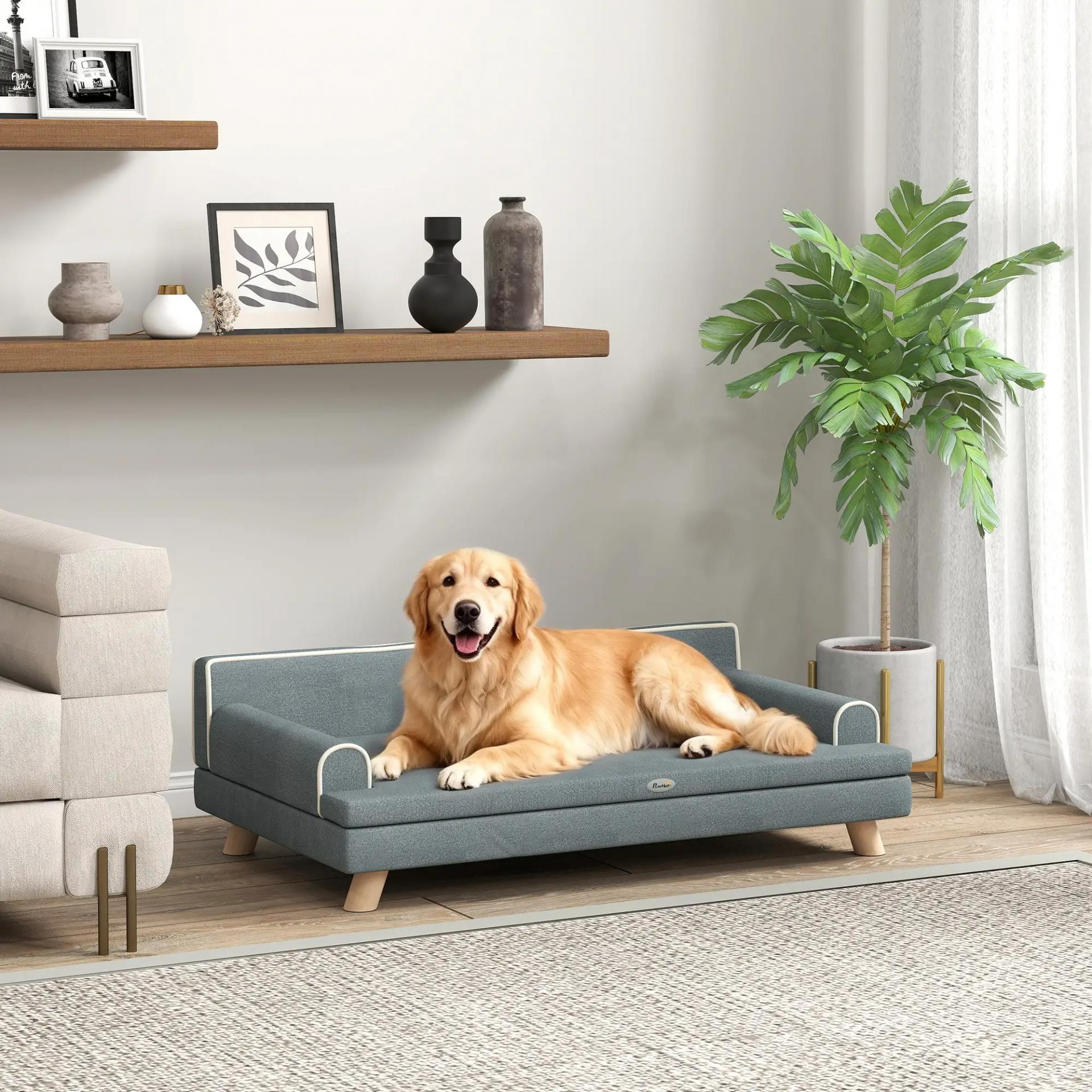 Sofá para Perros Grandes y Medianos Tapizada en Chenilla con Cojín Lavable y Patas de Madera de Pino Gris Oscuro