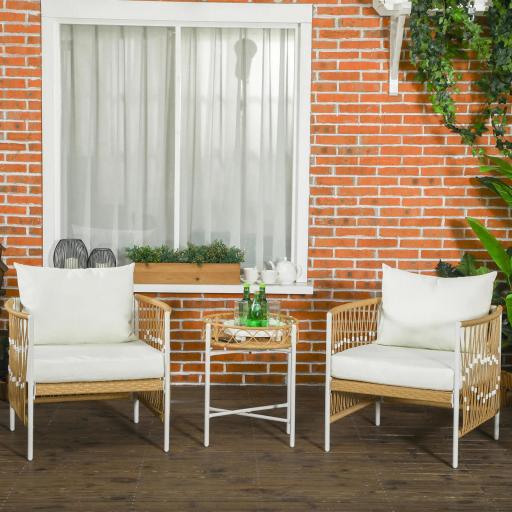 Conjunto Jardín Exterior de 2 Sillas y Mesa de Ratán con Cojines Acolchados para Balcón Terraza Amarillo y Crema