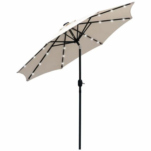 Parasol de Terraza Ø268x238 cm con 24 Luces LED Solar Mecanismo de Inclinación Manivela y Poste Desmontable Crema [9]