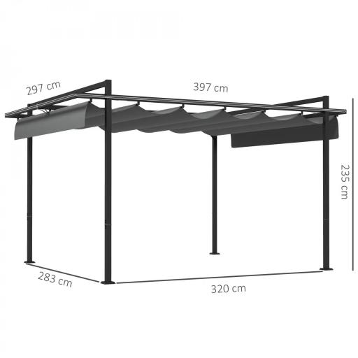 Cenador de Jardín 3x4 m con Techo Retráctil de Poliéster y 12 Orificios de Drenaje Pérgola para Terraza Gris Oscuro [1]