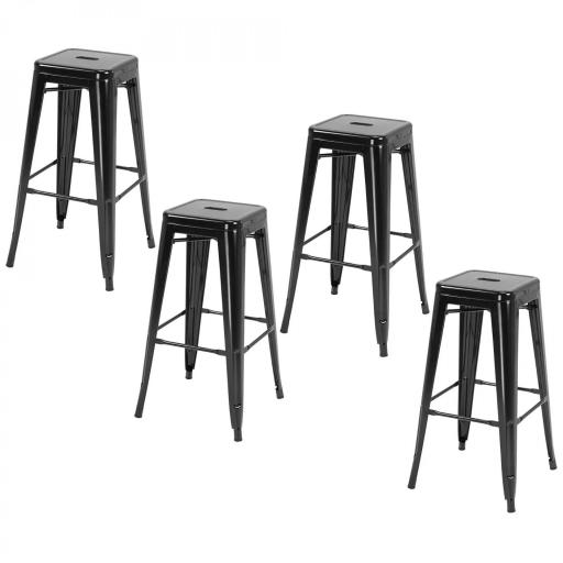 Conjunto de 4 Taburetes de Bar Estilo Industrial Apilables y con Reposapiés Aptos para Interiores y Exteriores 43x43x76 cm Carga Hasta 120kg Negro [9]