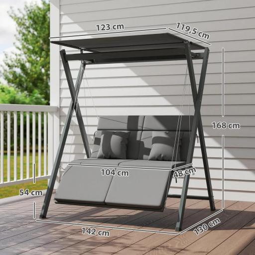 Columpio de Jardín de 2 Plazas Convertible en Cama con Toldo Ajustable UV30+ y Cojines 142x130x168 cm Gris Oscuro [1]