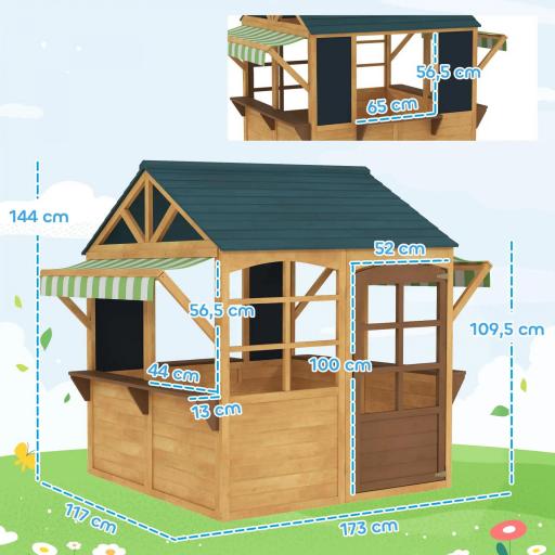 Casita de Juegos Infantil de Madera con Ventanas Pizarras Tejado y Toldo 173x117x144 cm Madera Natural [2]