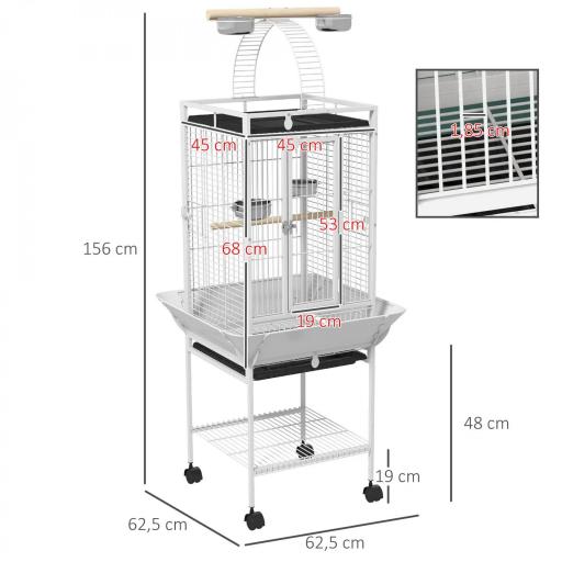 Jaula para Loros con Ruedas Perchas Comederos y Bandeja Extraíble Pajarera para Cacatúas Cotorras 62,5x62,5x156cm Blanco [1]