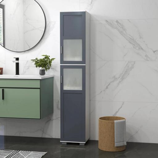 Armario Alto de Baño Mueble Columna de Baño con 2 Puertas de Vidrio Templado y Estantes Ajustables 37x35x190 cm Blanco y Gris [4]
