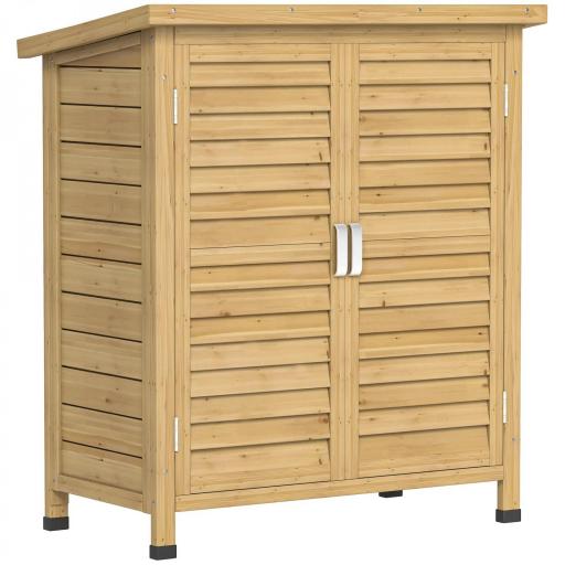 Armario para Terraza de Madera con 2 Estantes Interiores 2 puertas de Buena Ventilación y Techo Inclinado para Exterior 87x46,5x96,5 cm Madera Natural [8]