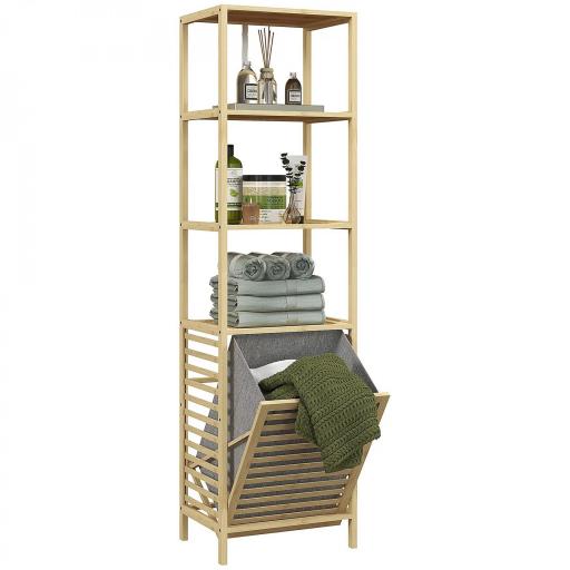 Estantería de Almacenaje Mueble de Baño con 3 Estantes y 1 Cesto para Ropa Sucia Desmontable 44x33x160 cm Natural [9]