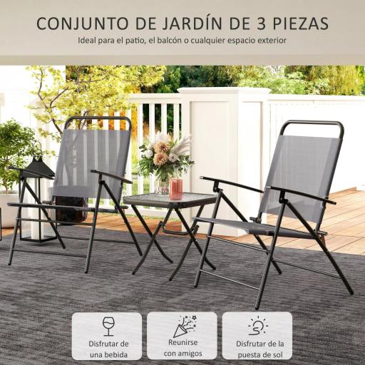 Conjunto de 3 Piezas Mesa con Encimera de Cristal y Sillas Plegables con Respaldo Regulable para Terraza Exterior Gris [2]