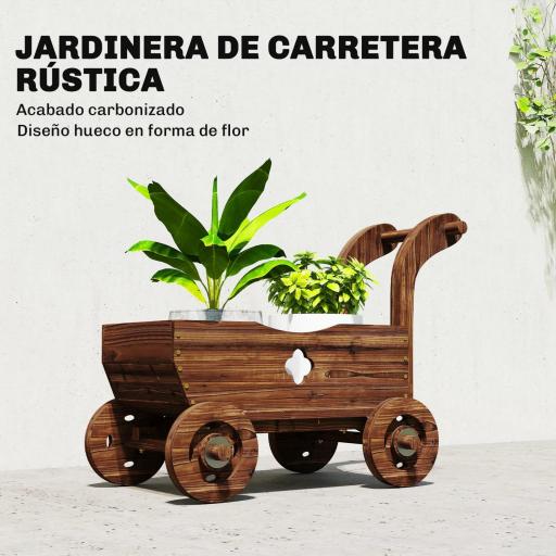 Carretilla de Madera Decorativa Jardinera Elevada con 4 Ruedas Asa Orificios de Drenaje 68x38x52 cm Carbonizado [3]