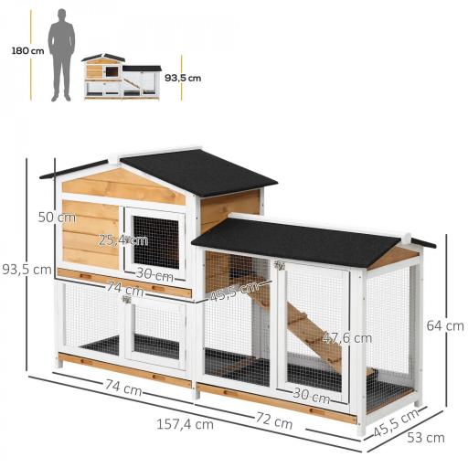 Conejera de Madera Exterior Jaula para Conejos de 2 Niveles con Techo Asfáltico 2 Corrales de Metal Bandeja Extraíble 2 Puertas y Rampa 157,4x53x93,5 cm Natural [1]