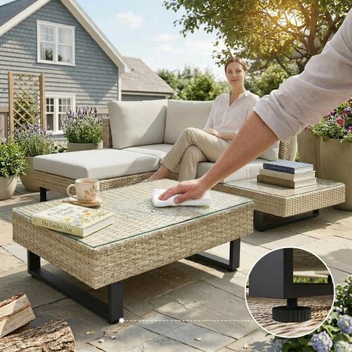Conjunto de Jardín Exterior de Ratán de 3 Piezas con Sofá Modular de 3 y 2 Plazas Mesa Lateral Mesa de Centro Cojines [5]