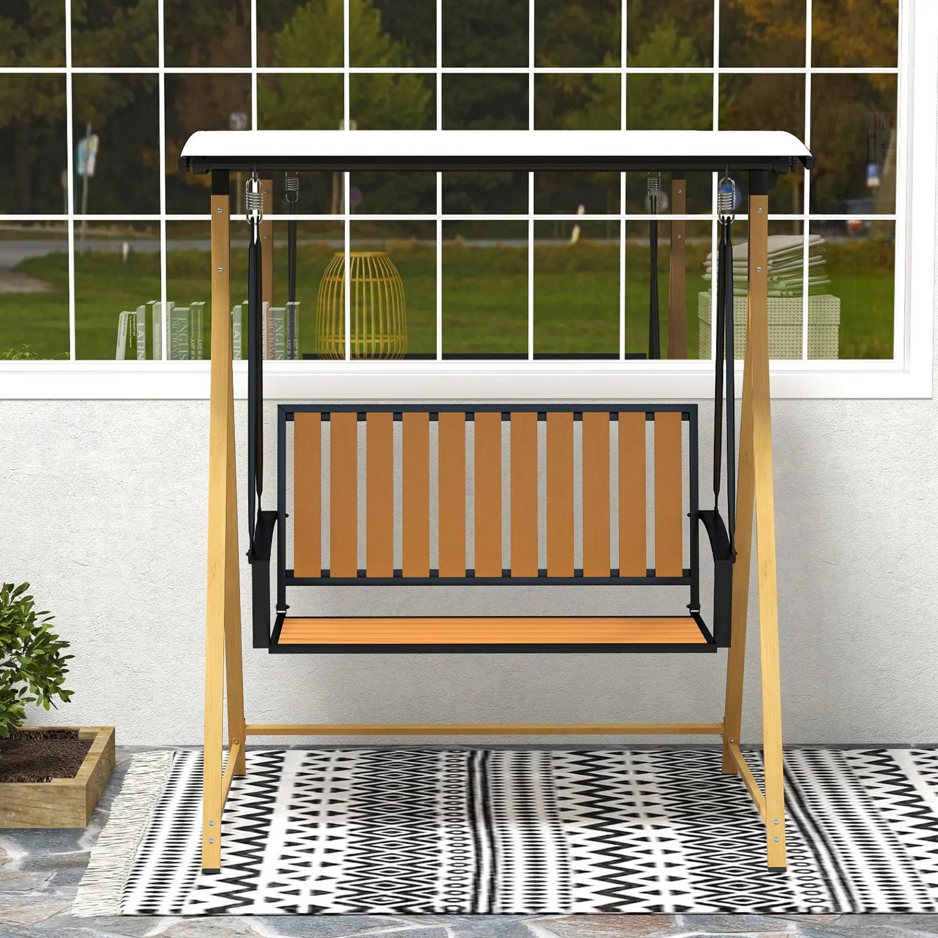 Balancín de Jardín Exterior de 2 Plazas con Toldo Ajustable y Estructura de Metal 142x112x162 cm Madera Natural y Beige