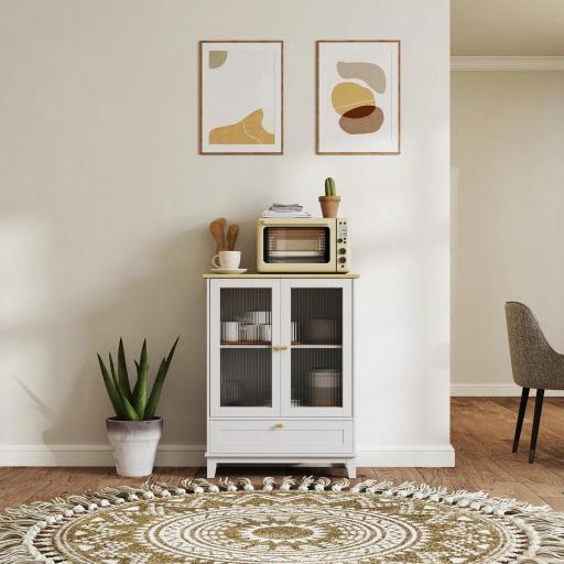 Aparador de Salón con Cajón y Estante Ajustable Aparador de 2 Puertas de Vidrio 68x35x85 cm Blanco y Roble [7]