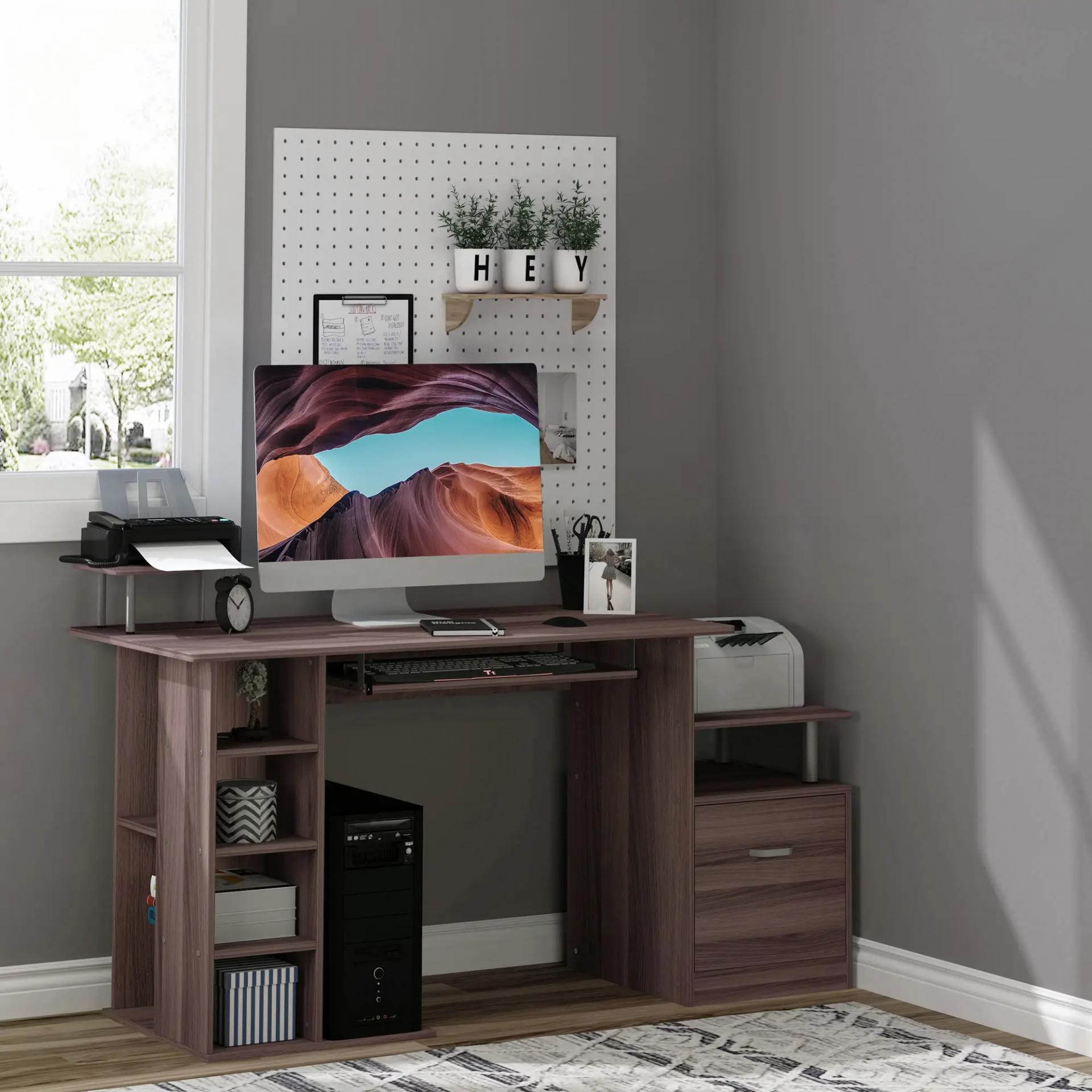 Mesa de Ordenador 120 cm Mesa de Escritorio con Múltiples Estantes Cajón Bandeja de Teclado 152x60x88 cm Marrón