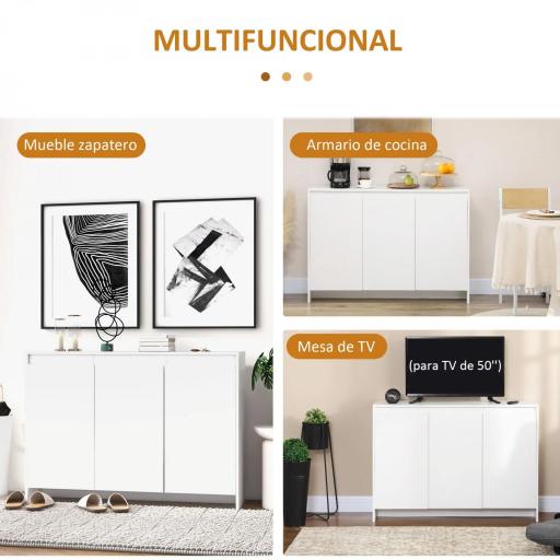 Mueble Aparador con 3 Puertas Estantes Ajustables y Cierre Suave Soporte para Televisores 120x35x85 cm Blanco [7]