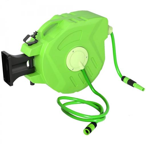 Carrete para Manguera 15M+1,5M Soporte Mural Portamanguera Roll-up Automático Giratorio 180° con Pistola de Pulverización Gran Alcance Base de Pared Conector de Manguera para Jardín Terraza [3]