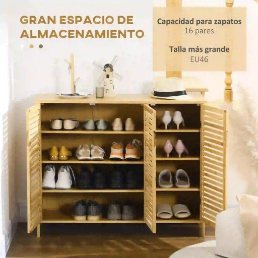 Armario Zapatero de Bambú con 3 Puertas Estantes Ajustables para 16 Pares de Zapatos Antivuelco 100x35x80 cm Natural [1]