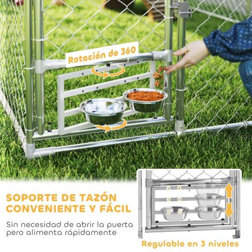 Perrera de Acero Galvanizado con Toldo Resistente y Estación de Alimentación para Perros 200x200x154 cm Plata [4]