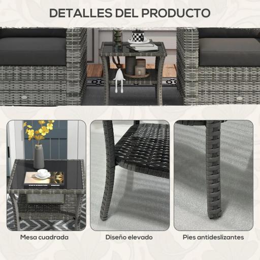 Mesa de Jardín de Ratán PE Cuadrada 50x50x45 cm con Estante Encimera de Cristal y Marco de Acero Carga 30 kg Gris [6]