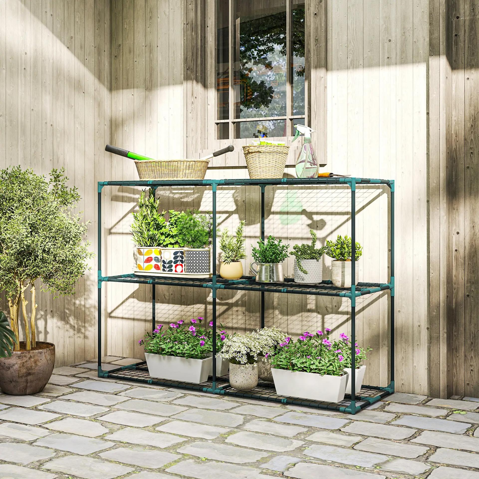Soporte para Plantas de 3 Niveles Estantería para Plantas de Acero para Interior y Exterior 143x48x100 cm Verde