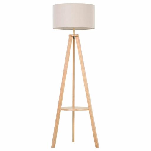 Lámpara de Pie Tipo Trípode con Estructura de Madera Natural y Pantalla de Tela Beige con Estante Integrado 50x50x154 cm [9]
