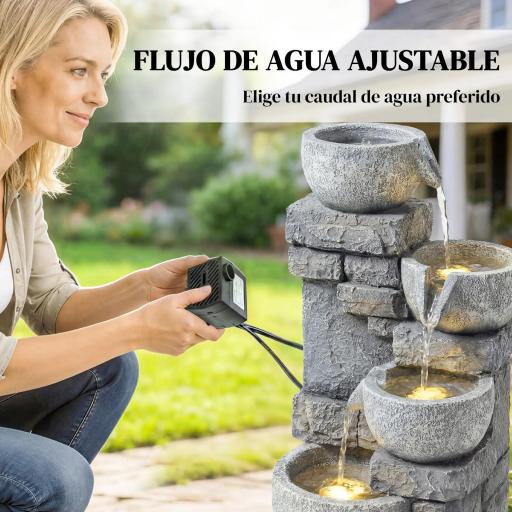 Fuente de Jardín con Iluminación LED Bomba Fuente Decorativa en Cascada de 4 Niveles Flujo Ajustable Gris [6]
