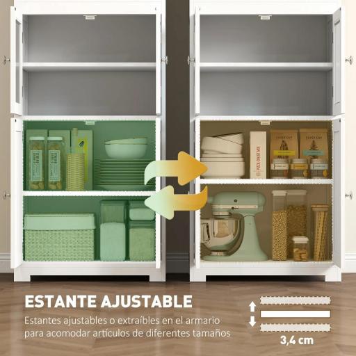 Aparador de Comedor Armario de Cocina con 4 Puertas 2 Estantes Abiertos y Estante Ajustable para Salón 60x30x162 cm Blanco [6]