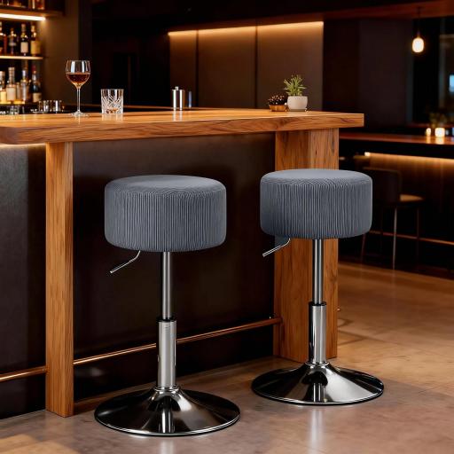 Taburete de Cocina Regulable en Altura 52-66 cm Tapizado en Pana Giratorio en 360° Gris [3]