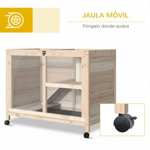 Conejera de Madera con Ruedas 91,5x53,3x73 cm Jaula para Conejos de 2 Niveles con Techo Abatible Natural [3]