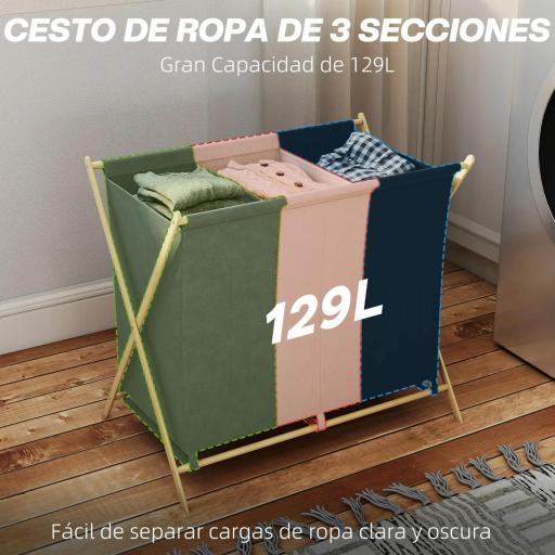 Cesto para Ropa Sucia Plegable con 3 Compartimentos Capacidad 129L con Marco de Bambú y Bolsas Extraíbles Multicolor [7]