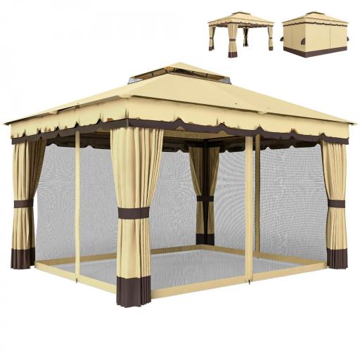 Cenador de Jardín 3,7x3 m con Doble Techo 4 Cortinas y Mosquitera Marco de Acero Orificios de Drenaje UV30+ Beige [9]