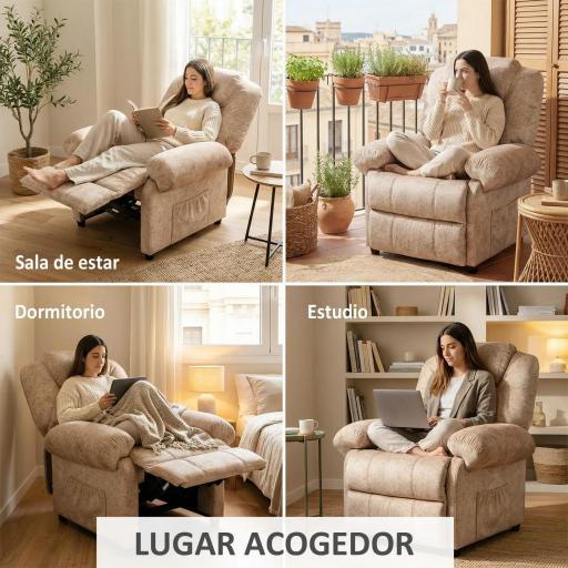 Sillón Relax Reclinable Manual, Sillón Relax de Terciopelo con Reposabrazos, Reposapiés, Acolchado Grueso, Butaca Reclinable hasta 135º para Salón, Dormitorio, Oficina, Beige [5]
