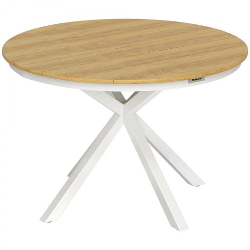 Mesa de Jardín Redonda de Ø118x74cm con Encimera de Lamas Estructura de Aluminio y Patas Cruzadas Teca y Blanco [7]