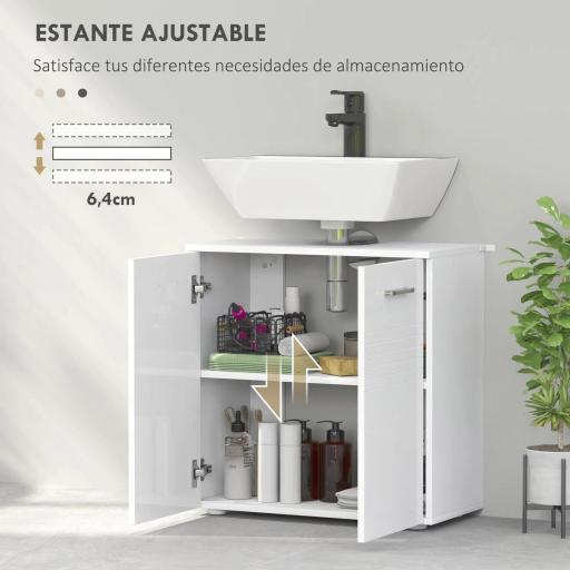 Mueble para Debajo del Lavabo Armario de Baño de Pared con 2 Puertas y Estante Interior Ajustable Estilo Moderno 60x30x62,5 cm Blanco [4]