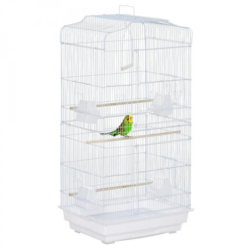 Jaula para Pájaros Pajarera de Metal con 4 Comederos 3 Perchas Columpio y Bandeja Extraíble 46,5x35,5x92 cm Blanco [9]
