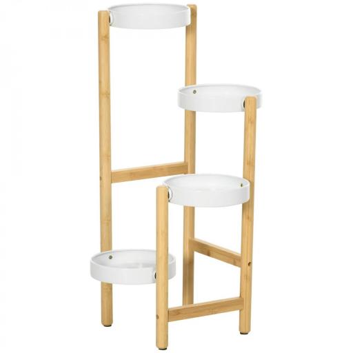 Soporte para Plantas con Patas de Bambú y 4 Estantes Metálicos Redondos Carga 20 kg Ø28x80 cm Natural y Blanco [8]