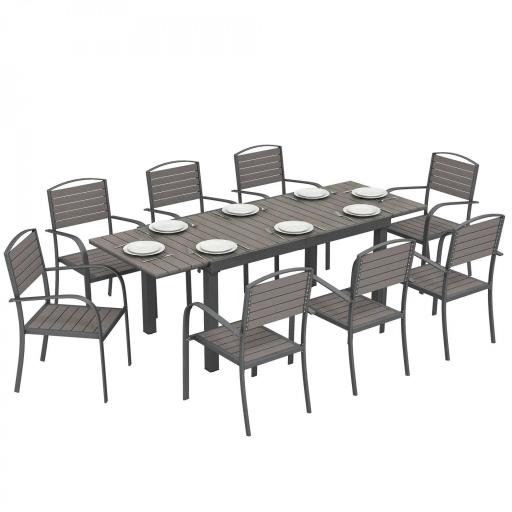 Conjunto de Mesa y Sillas Jardín con Mesa Extensible Marco de Aluminio 8 Sillas y Tablero de Lamas de Madera Plástica [9]