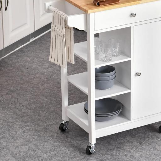Carrito de Cocina Carro Auxiliar con Ruedas 1 Cajón 1 Armario 3 Estantes Abiertos de Almacenamiento para Comedor 66x39,5x86,5 cm Blanco [3]