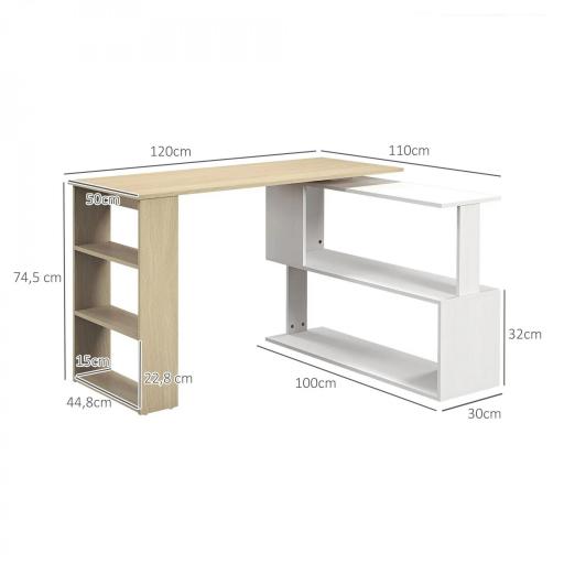 Escritorio en L con Estantería Mesa de Escritorio con Estantes para Oficina Estudio 120x110x74,5 cm Natural y Blanco [1]